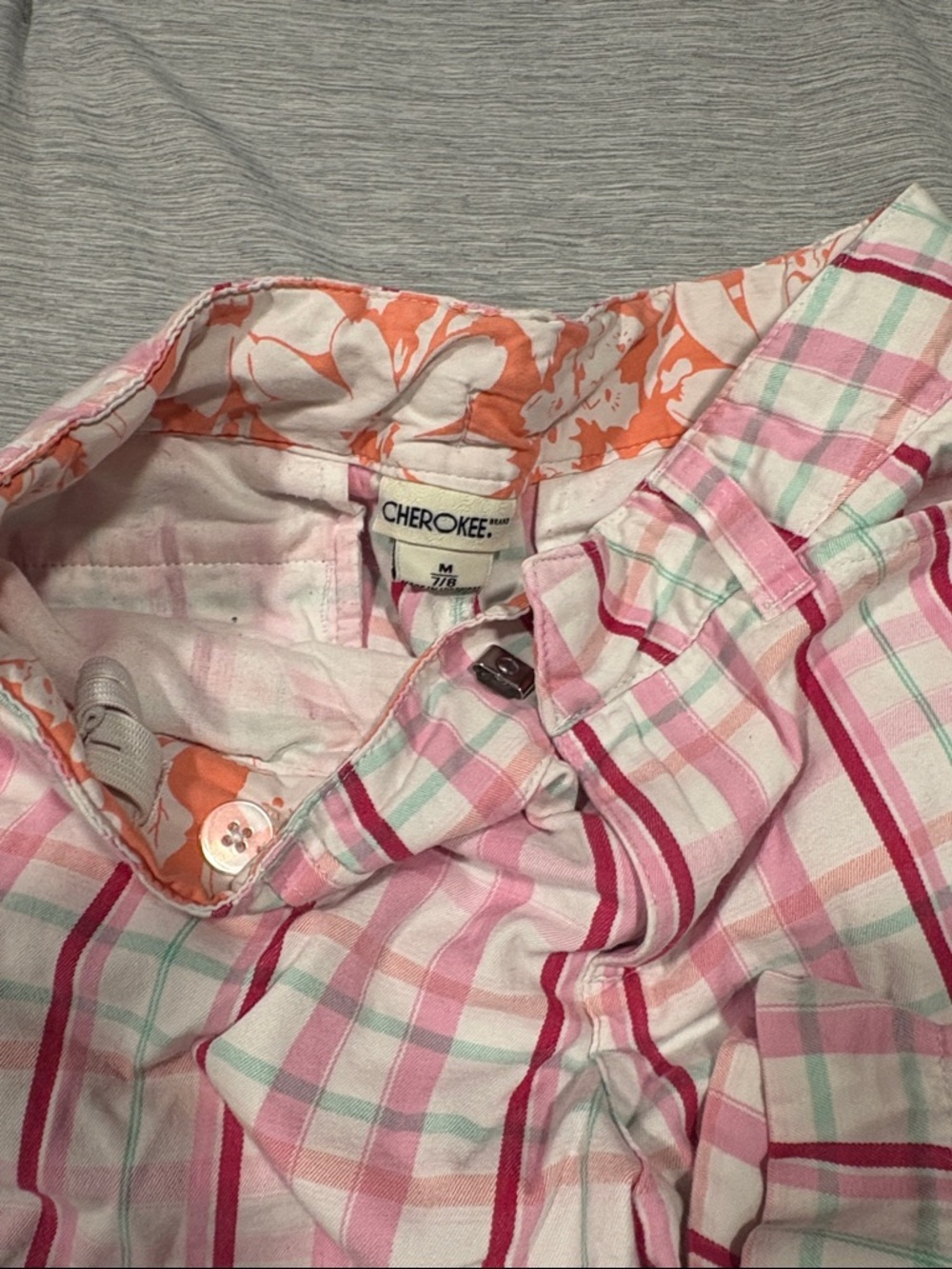 Cherokee Pink Plaid Button-Down with Orange Floral Trim